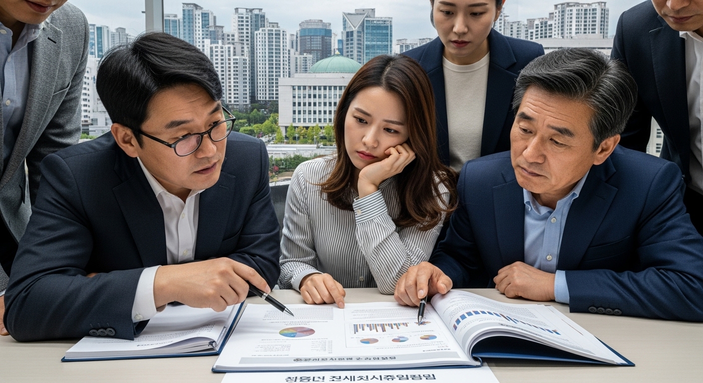젊은 부부, 노인, 자녀를 둔 가족 등 다양한 한국인들이 밝고 현대적인 관공서에서 주택 정책 관련 공식 문서를 꼼꼼히 검토하고 있습니다. 은은한 디지털 오버레이에는 정책 변화를 보여주는 흐름도와 데이터가 표시됩니다.