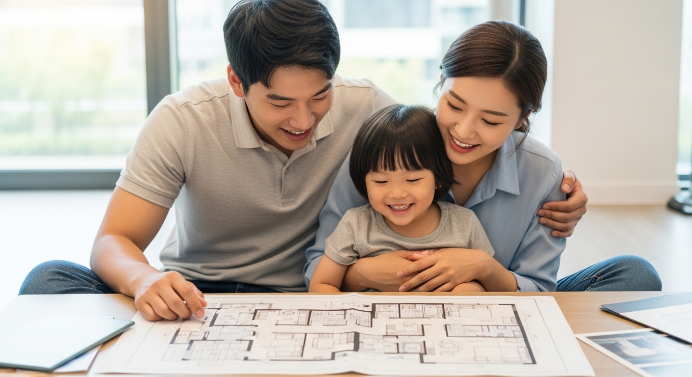 젊은 한국인 부부가 현대식 아파트 건물 앞에서 청사진과 "매매 완료" 표지판을 보며 기뻐하고 있습니다. 이는 성공적인 내 집 마련의 상징입니다. 여성은 아기를 안고 있습니다.
