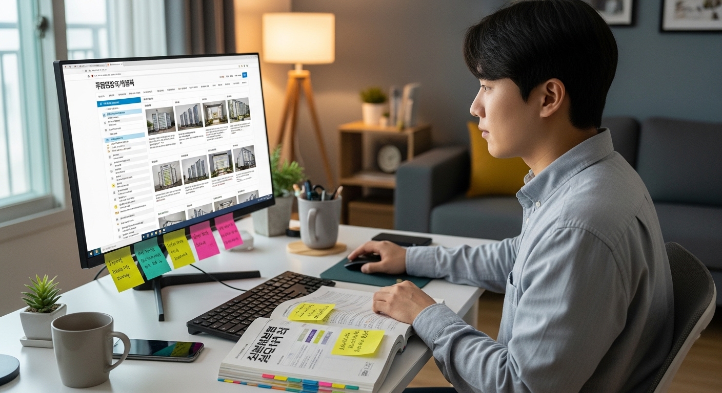 책상에 앉아 컴퓨터 화면에 표시된 여러 그래프와 차트를 보며 주택 시장 동향을 분석하고, 집중된 표정으로 전략적 결정을 내리는 한국인. 배경에는 한국 지도와 주택 모형이 놓여 있다.