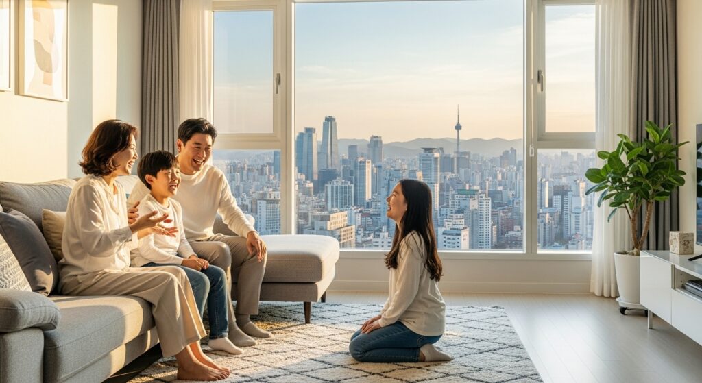 한국인 가족이 밝고 깨끗한 아파트 거실에서 행복하게 웃으며 대화하는 모습. 창밖으로 도심 풍경이 보이고, 아늑하고 안정된 주거 환경이 강조된다.
