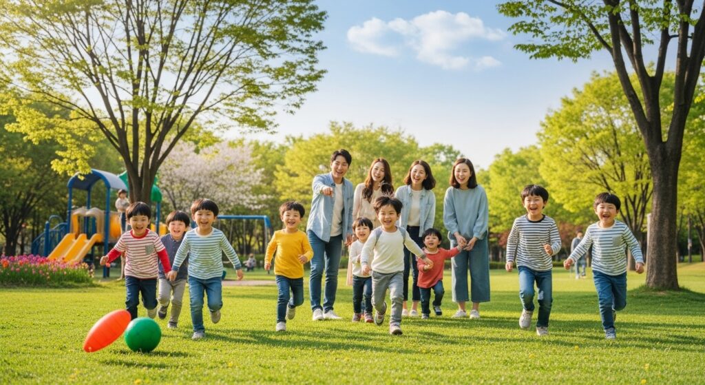 한국인 아이들이 밝게 웃으며 공원에서 뛰어노는 모습. 부모가 뒤에서 흐뭇하게 바라보고 있으며, 활기차고 긍정적인 가족 분위기를 담고 있다.