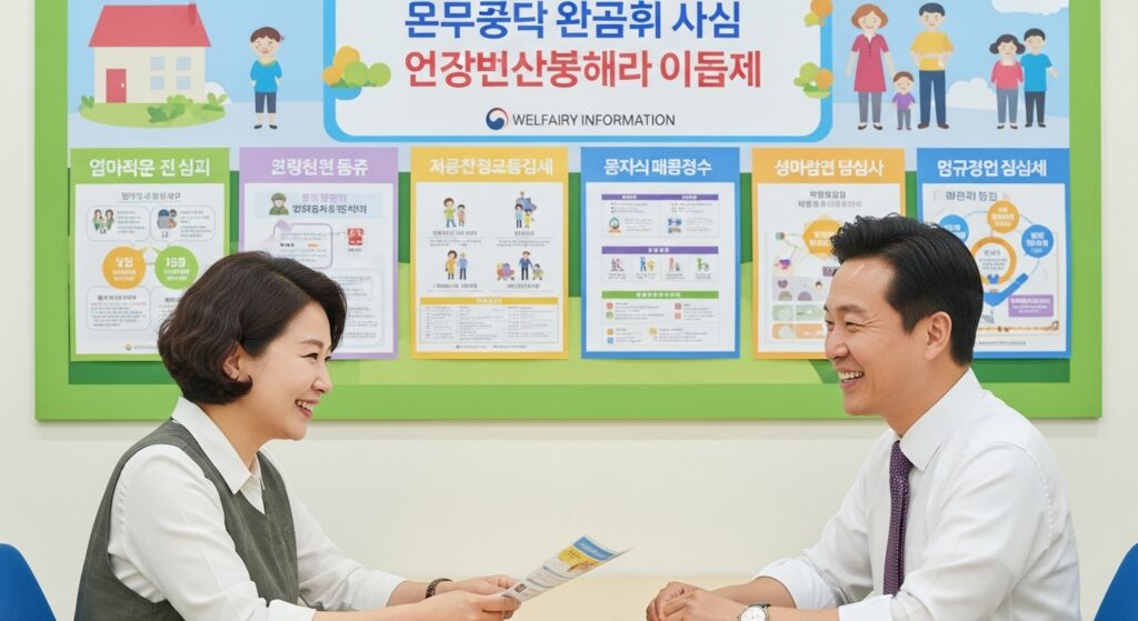 한 한국인 여성이 주민센터 또는 복지센터 창구에서 친절한 공무원과 상담하는 모습. 뒤편에는 다양한 복지 안내 포스터가 붙어있고, 희망적이고 도움을 받을 수 있는 분위기를 연출한다.