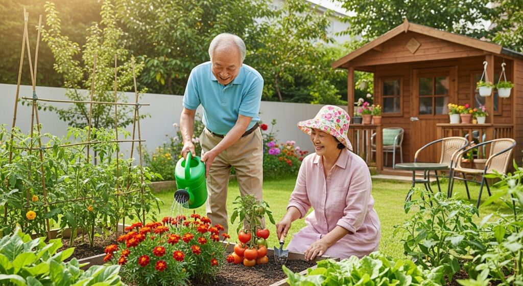 젊은 세대를 포함한 활기차고 다양한 한국인 공동체가 어르신들과 존중하는 마음으로 소통하며, 사회적 결속과 세대 간 연대를 증진하는 활동에 참여하는 모습입니다. 공원이나 커뮤니티 센터에서 활동하는 모습을 볼 수 있습니다. 이미지는 서로 지지하고 포용하는 사회의 모습