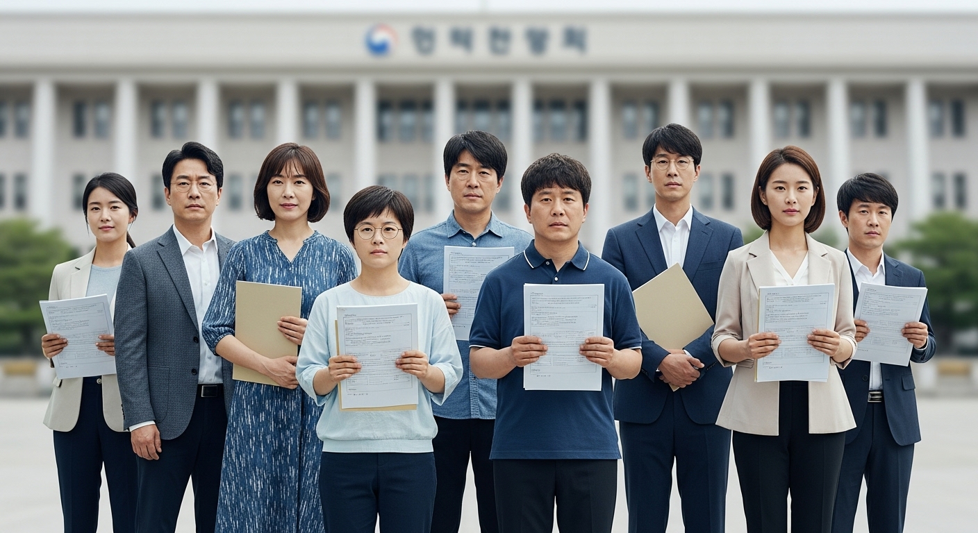 지원 대상 및 자격 요건 상세 분석 - 다양한 장애를 가진 한국인들이 정부 기관 앞에서 서류를 들고 결의에 찬 표정으로 서 있는 모습
