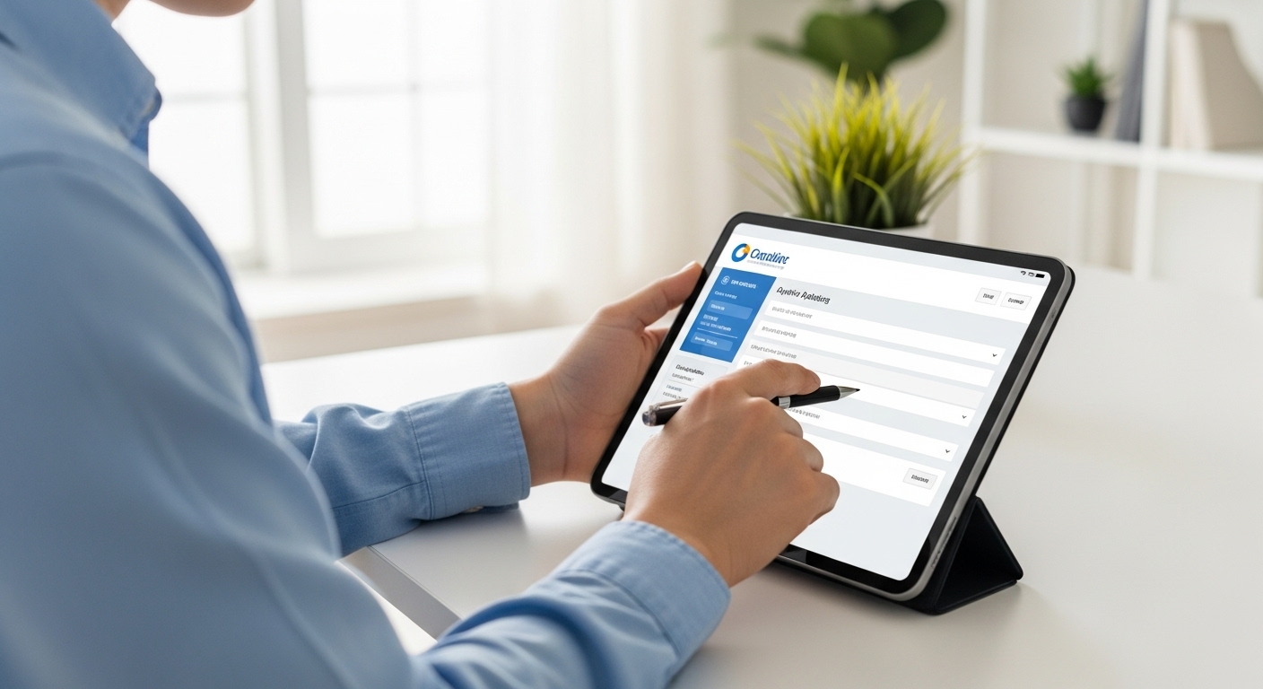 지급 절차 및 신청 방법 - 한 한국인 장애인이 태블릿으로 온라인 신청서를 작성하며 자신감 있는 표정을 짓고 있는 모습