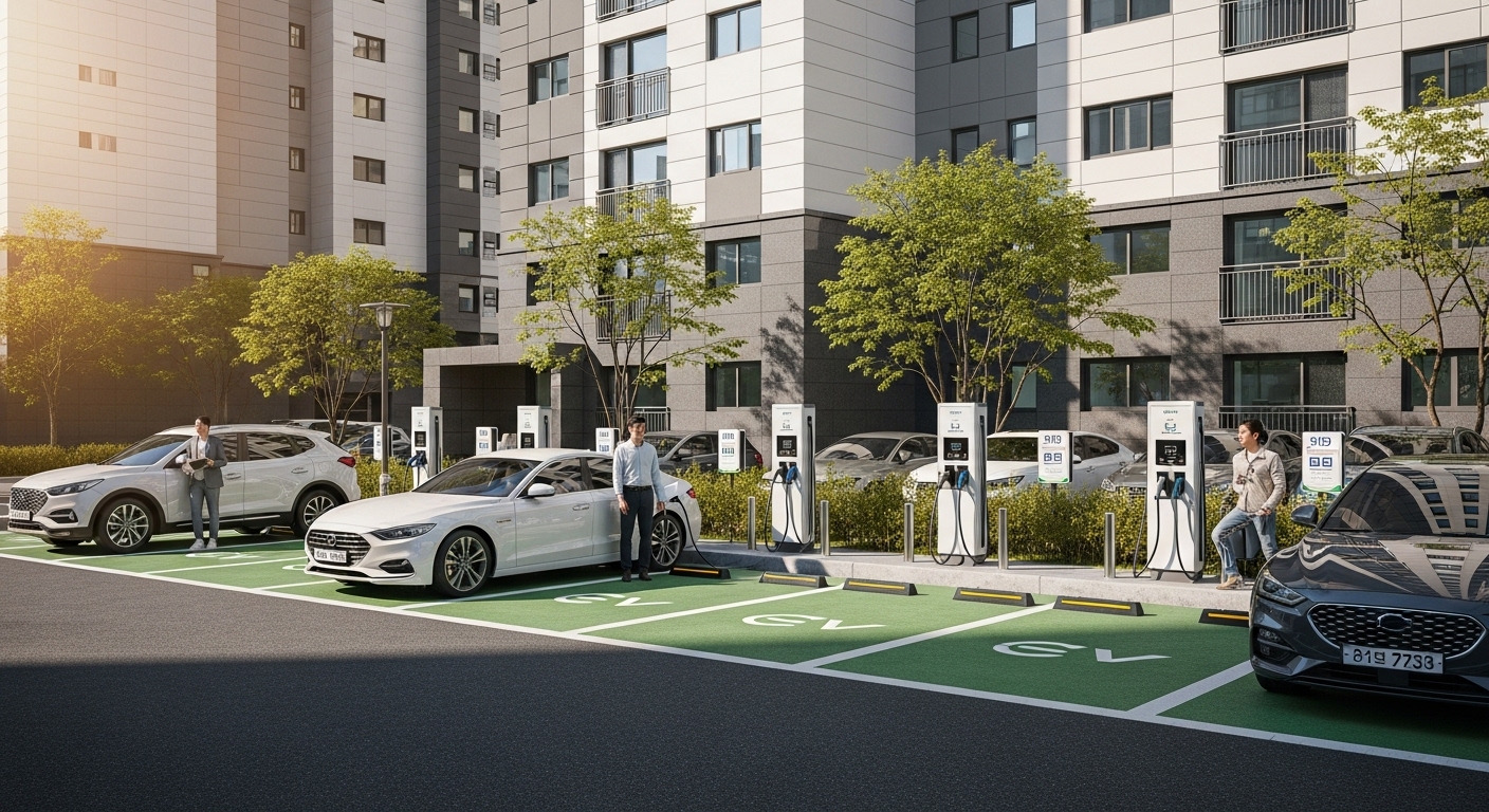 대상 시설 및 설치 기준 상세 분석 - 한국의 아파트 주차장에 설치된 다수의 전기차 충전기에서 주민들이 전기차를 충전하는 모습.