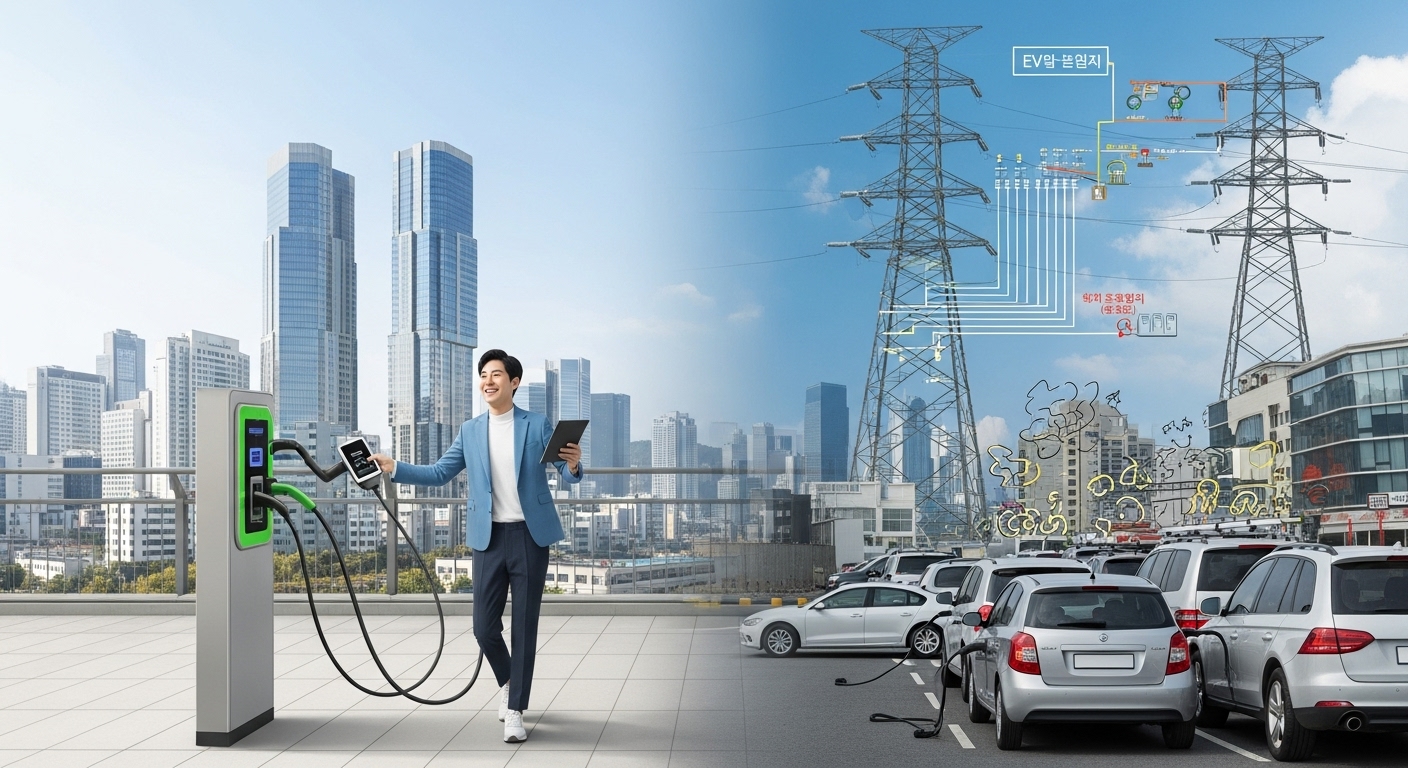 전기차 충전시설 의무화의 기대 효과와 과제 - 전기차 충전 인프라 확충의 긍정적인 효과(친환경 도시)와 해결해야 할 과제(전력망 부하, 충전 대기)를 동시에 보여주는 시각화 자료.