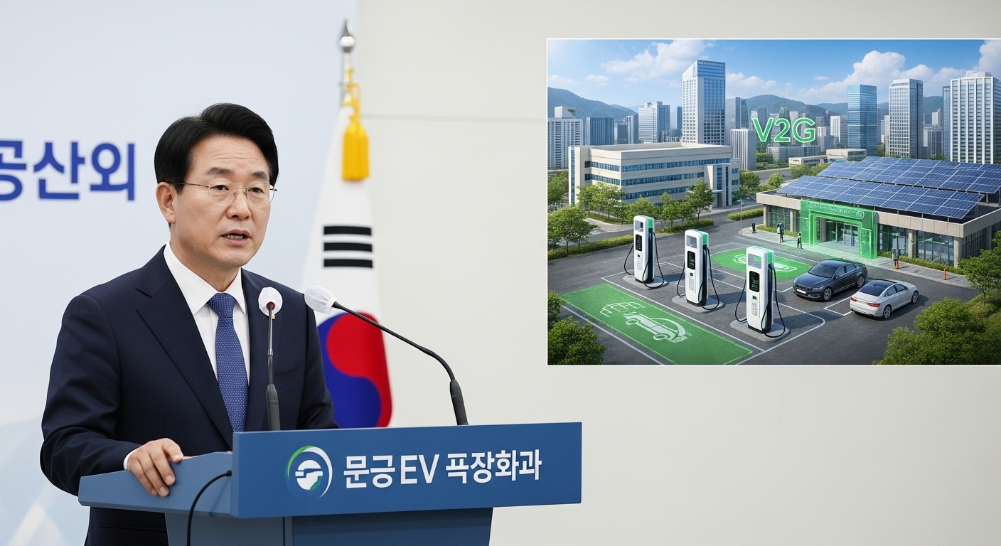 정부 지원 정책 및 미래 전망 - 한국 정부 관계자가 전기차 충전 인프라 지원 정책을 발표하고, 배경에 스마트 충전소와 V2G 기술이 적용된 미래 도시의 모습이 그려져 있다.
