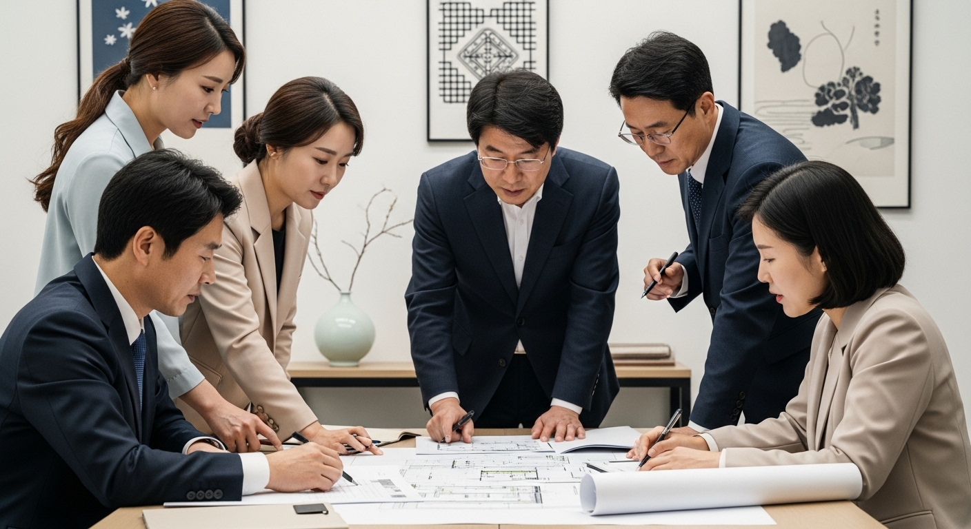 지역제한경쟁입찰의 이해와 지방공사의 역할 - 한국의 다양한 지역 사업가들과 공무원이 탁자에 모여 건축 계획과 서류를 검토하며 지역제한경쟁입찰에서의 협력을 상징하는 모습.