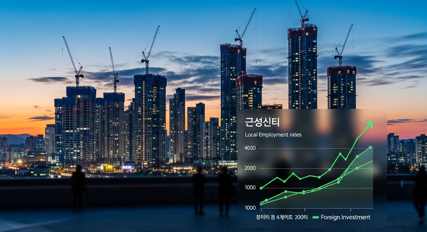 150억 규모 입찰의 경제적 파급 효과 - 한국의 활기찬 도시 스카이라인과 건설 크레인, 현대적인 건물이 경제 성장과 대규모 공공 프로젝트를 상징한다. 전경에는 지역 고용 및 투자 증가 추세를 보여주는 차트가 있다.