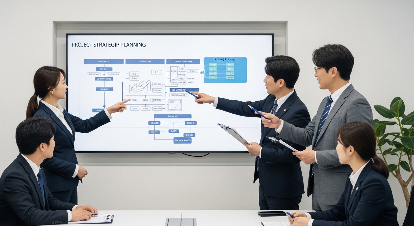 성공적인 지역제한경쟁입찰 참여 전략 - 한국의 전문가 팀이 현대적인 사무실에서 프로젝트를 협력하며, 큰 화면이나 화이트보드에 플로우차트나 전략 계획 문서가 보인다. 그들은 입찰을 위한 전략적 준비를 강조하며 적극적으로 논의하고 있다.