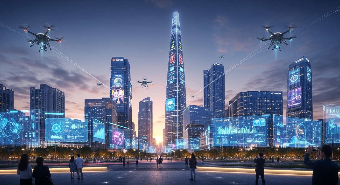 2025년 최신 동향 및 향후 전망 - 해 질 녘 미래 지향적인 한국 도시 전경에 건물 위에 빛나는 디지털 인터페이스가 오버레이되어 스마트 도시 기술과 고급 공공 인프라를 나타낸다. 드론이 머리 위를 날아다니며 프로젝트 관리 및 도시 개발의 혁신을 상징한다.