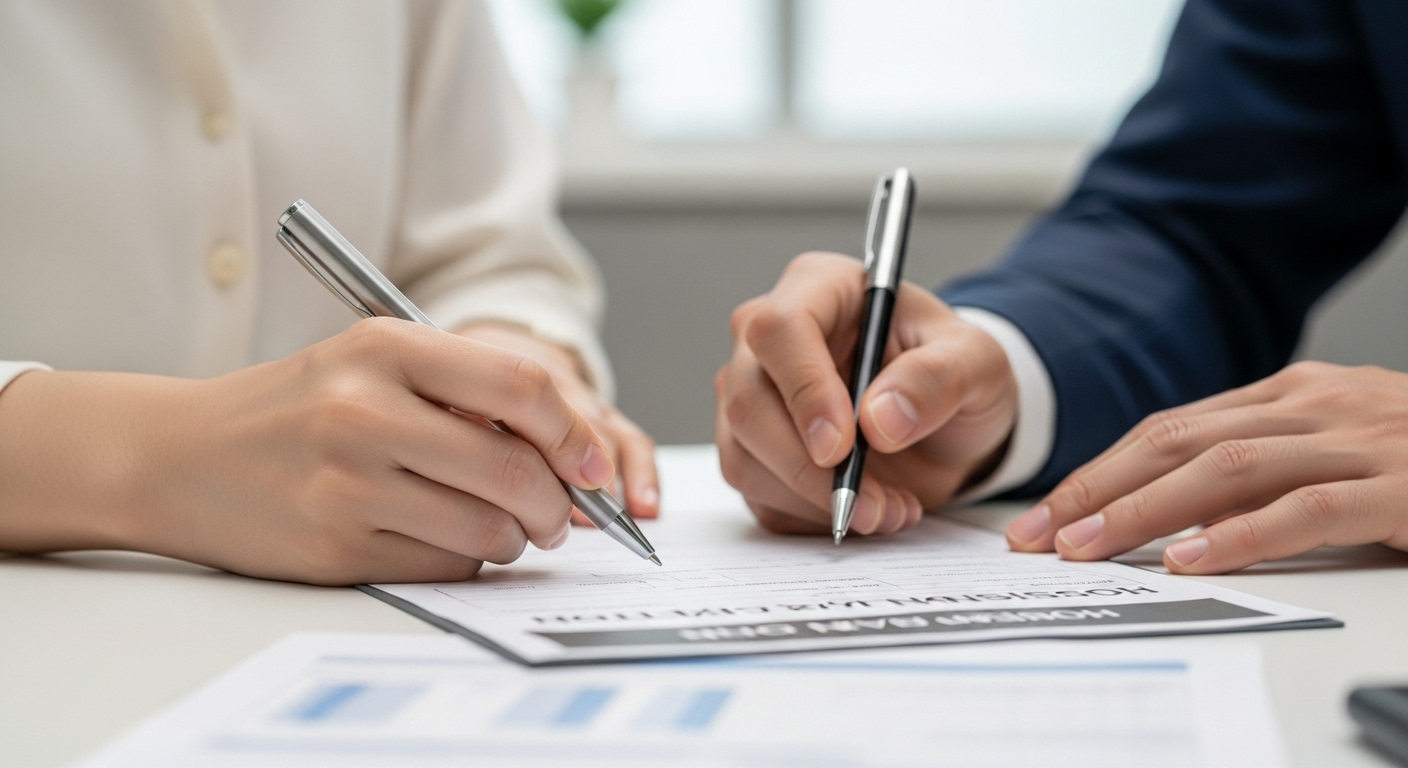 지원 내용과 신청 절차 (이자율 및 한도, 제출 서류) - 한국인 신혼부부의 손이 주택 대출 신청서를 신중하게 작성하고 있으며, 배경은 은행 또는 주민센터가 흐릿하게 보이고 펜과 일부 금융 서류가 놓여있는 모습