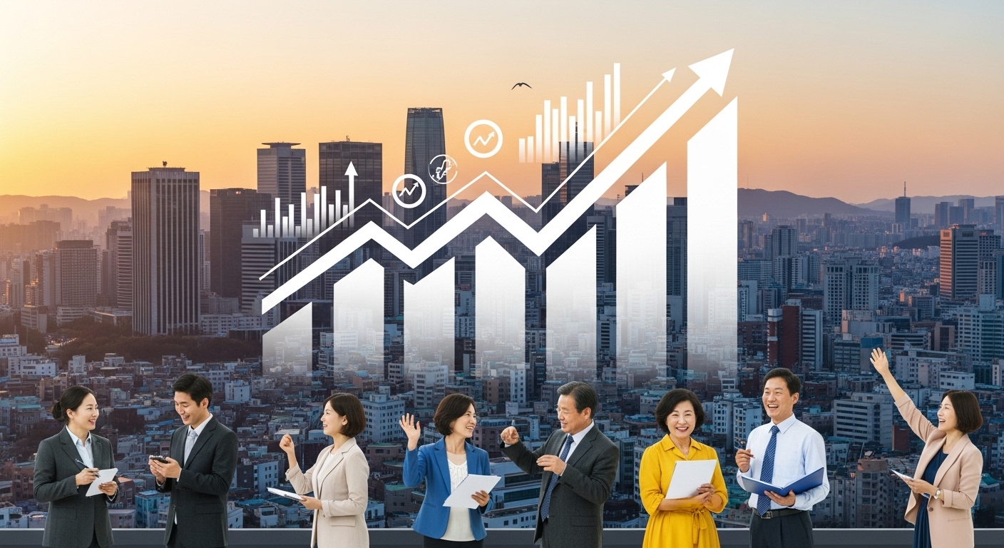 기대 효과와 향후 과제 – 서울시 주거 안정의 미래 - 해 질 녘 서울 스카이라인을 배경으로 상승 그래프와 화살표가 보이며, 다양한 한국인들이 역동적이고 희망찬 방식으로 긍정적으로 소통하는 모습의 스타일화된 인포그래픽