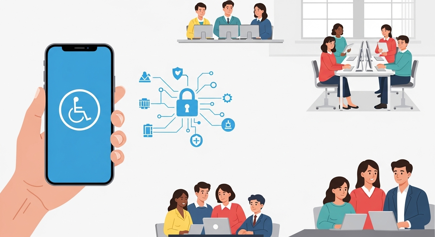 법안의 주요 내용과 핵심 추진 과제 - 디지털 접근성, 교육, 보안, 그리고 다양한 계층의 디지털 참여를 나타내는 상세한 인포그래픽