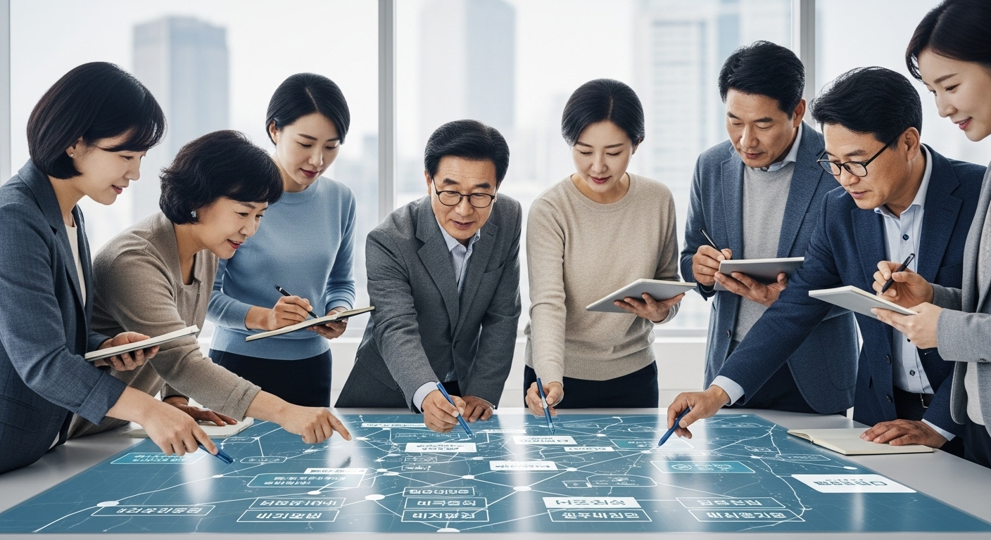 성공적인 시행을 위한 과제와 전망 - 정부 관계자와 다양한 한국 국민들이 디지털 포용 전략 지도를 함께 만들며 협력하는 모습, 미래 지향적이고 희망적인 분위기