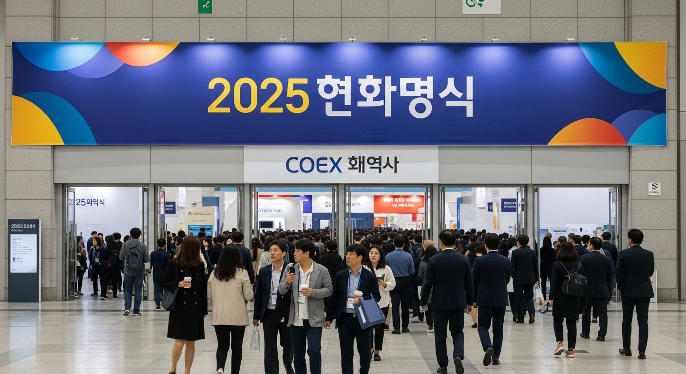 2025 서울카페쇼, 그 화려한 서막 - 서울 코엑스 건물 앞에서 2025 서울카페쇼 대형 배너가 걸려 있고, 많은 한국인 관람객들이 활기차게 입장하는 모습, 개막일의 활기를 담음