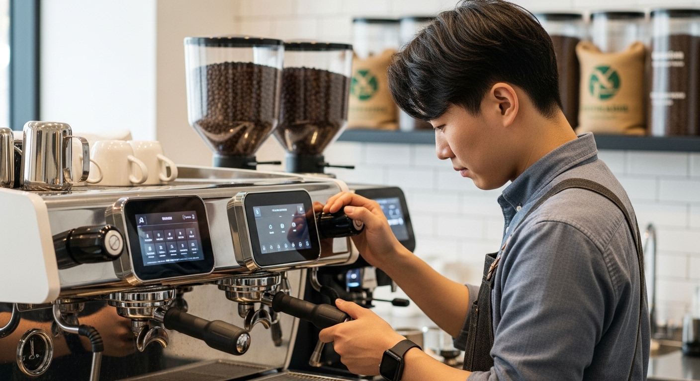 혁신과 지속가능성을 향한 여정: 2025년 주요 트렌드 - 한국인 바리스타가 AI 기반의 최첨단 에스프레소 머신을 조작하며 혁신적인 커피를 추출하는 모습과 지속가능한 원두가 배경에 놓여있는 장면