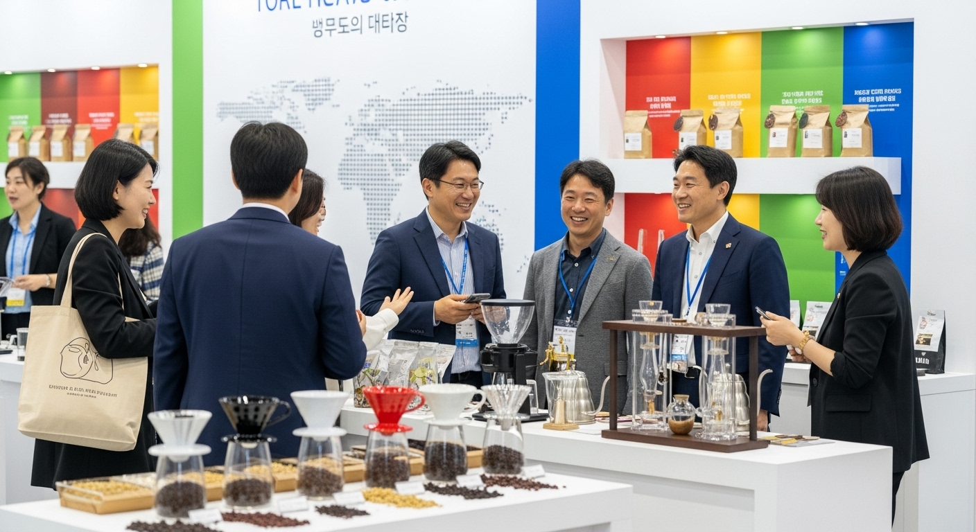 글로벌 커피 문화의 교류와 확장 - 한국인 및 외국인 관람객들이 다채로운 커피 원두와 장비를 전시한 부스에서 활발하게 교류하며 즐거워하는 모습, 배경에는 세계 지도가 보임