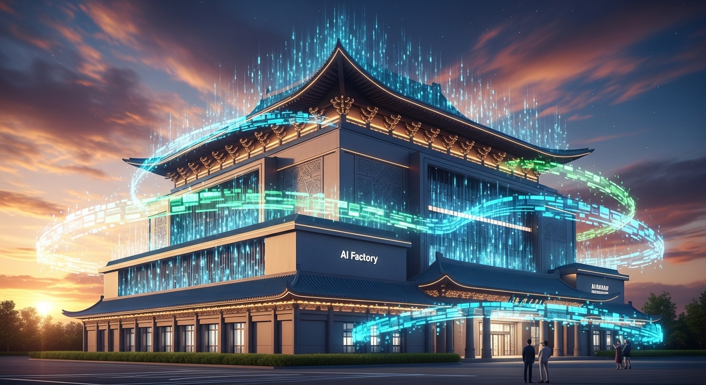 GMI Cloud 대만 AI 팩토리, 왜 지금 필요한가? - 대만 산업 단지 내에 위치한 최첨단 AI 팩토리 건물이 미래지향적인 디자인과 전통적인 대만 건축 요소를 결합하여 우뚝 서 있으며, 주변으로 푸른색 디지털 데이터 흐름이 시각화되어 활기찬 밤하늘 아래 빛나는 모습.