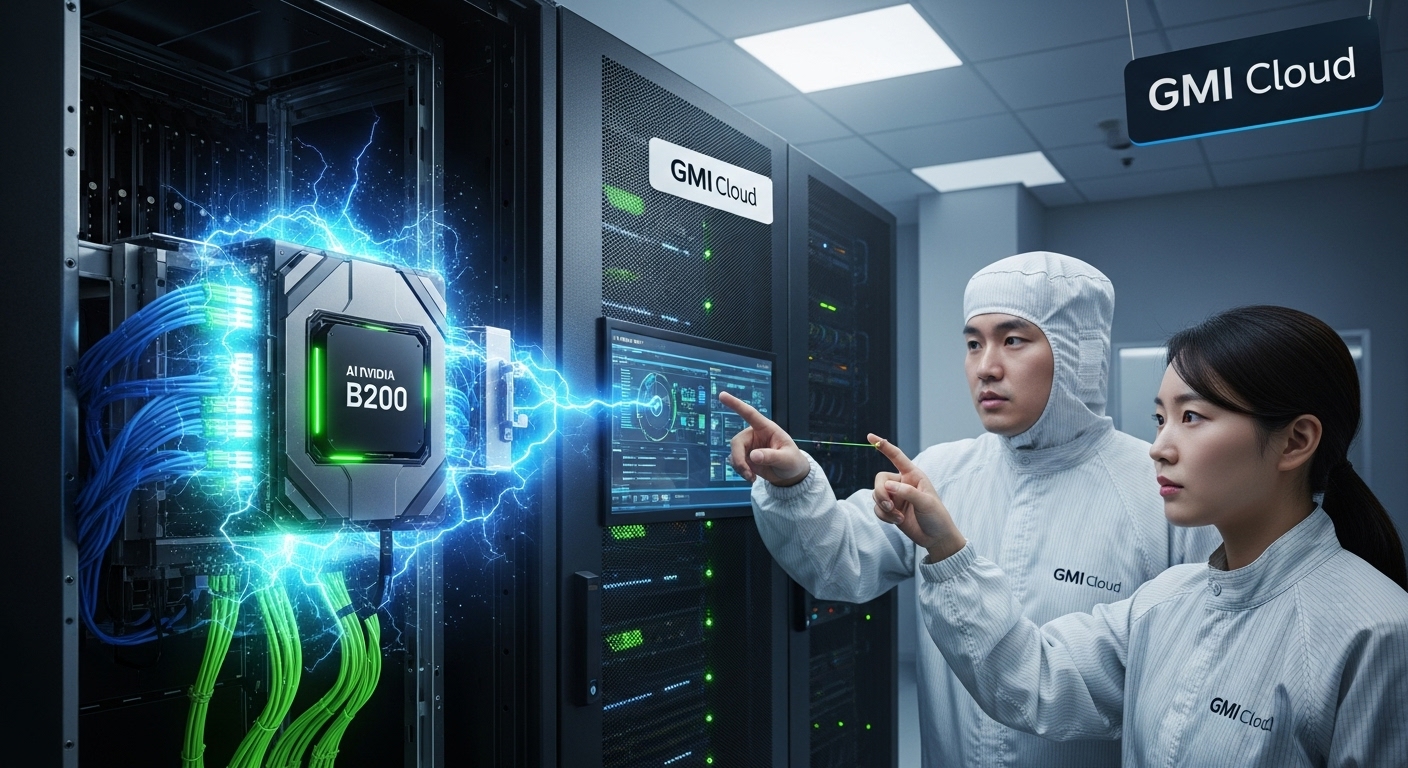 엔비디아와의 협력, 어떤 시너지를 창출할까? - 엔비디아의 최신 B200 AI GPU 칩이 GMI 클라우드 서버 랙에 정밀하게 장착되는 모습, 주변에 푸른빛 데이터 흐름이 시각화되어 있으며 한국인 엔지니어 두 명이 클린룸에서 이 과정을 집중하여 감독하고 있다.