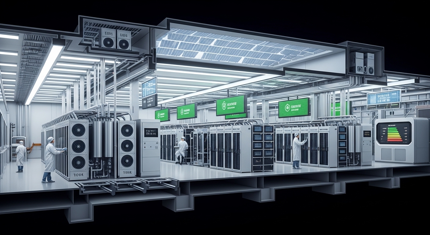 대만 AI 팩토리의 기술적 특징과 서비스 범위 - 최첨단 데이터 센터 내부의 상세한 단면도, 액체 냉각 시스템과 고밀도 GPU 서버 랙이 명확하게 보이고 녹색 에너지 사용을 나타내는 지표들이 표시된, 고도로 조직화되고 미래지향적인 내부 구조를 보여준다.