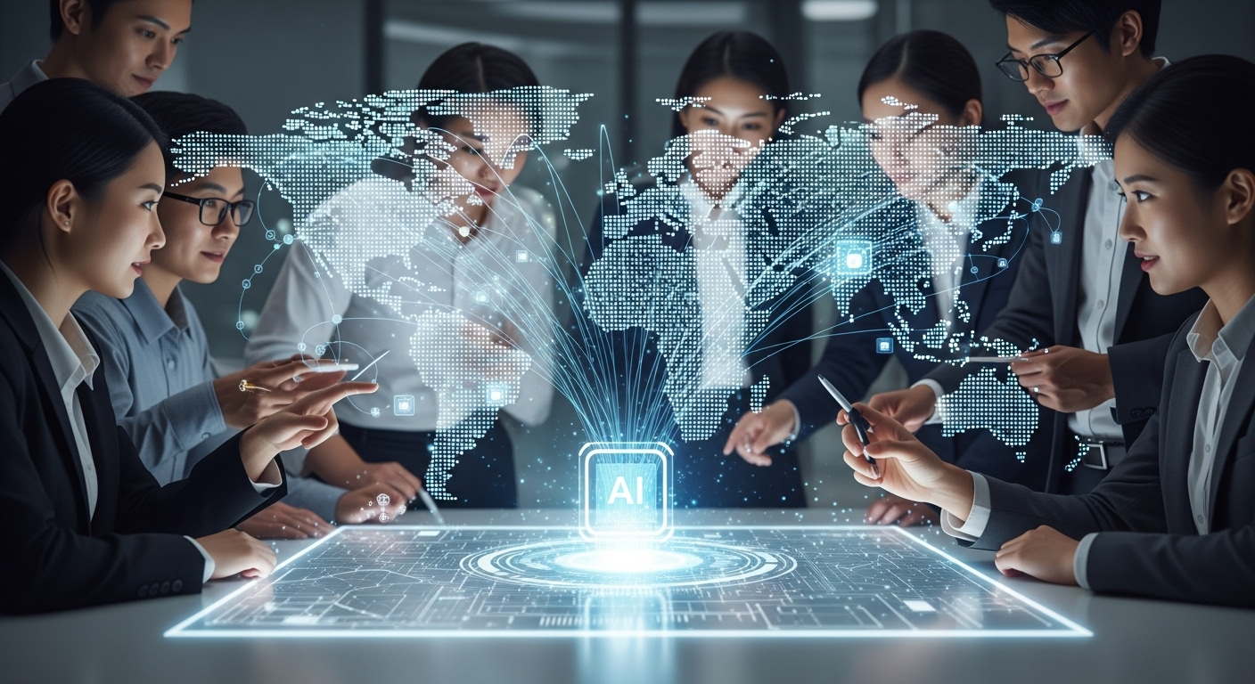 글로벌 AI 생태계에 미칠 영향과 한국의 기회 - 다양한 국적의 한국인 AI 전문가들이 대형 홀로그램 디스플레이 앞에서 글로벌 데이터 네트워크와 중앙 AI 허브 연결을 시각화하며 활기차게 협력하는 모습.