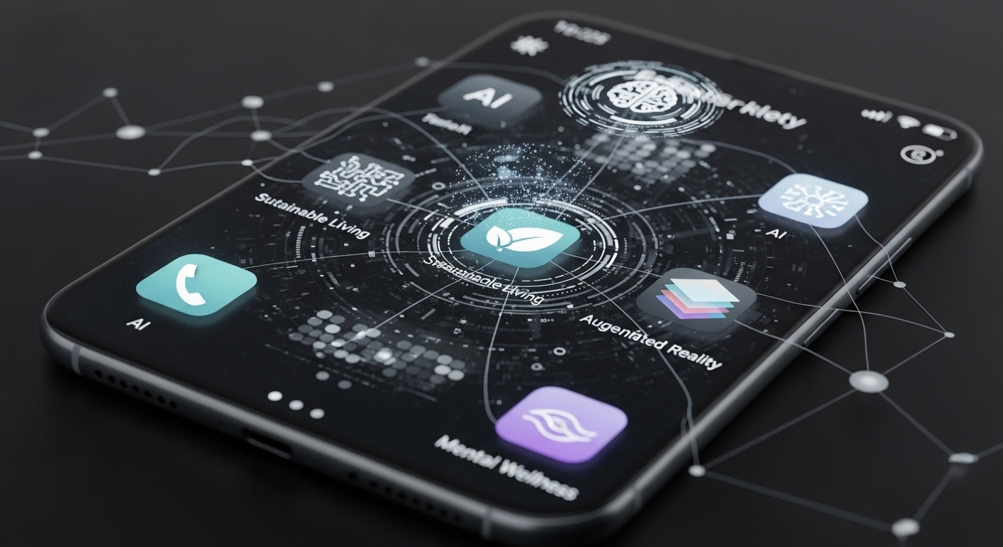 2025년 모바일 시장을 관통한 주요 트렌드 분석 - 인공지능, 지속 가능한 생활, 증강 현실, 정신 건강 앱 아이콘들이 보이는 미래형 모바일 인터페이스와 데이터 시각화가 결합된 모습.