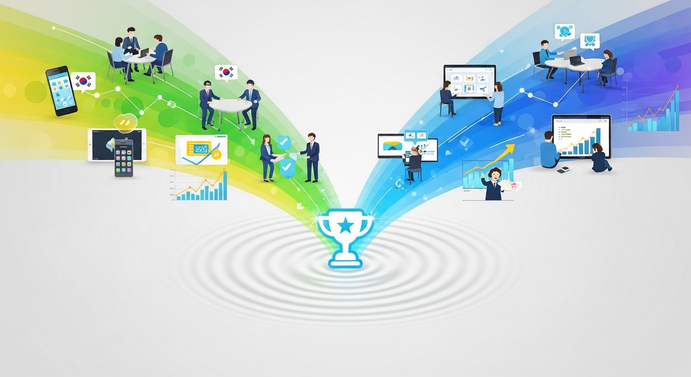 수상작이 모바일 생태계에 미치는 파급효과 - 빛나는 트로피 아이콘에서 시작된 물결 효과가 모바일 기기, 개발팀, 사용자, 시장 차트 등 다양한 요소로 퍼져나가는 모습.