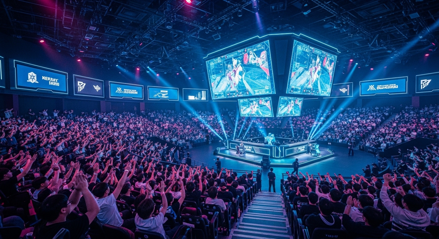 SVL 2025 발로란트 리그: 기대감과 e스포츠의 현재 - 거대한 미래형 e스포츠 경기장이 수천 명의 한국인 팬들로 가득 차 열정적으로 환호하고 있으며, 화려한 무대 조명과 발로란트 게임 플레이가 보이는 대형 홀로그램 스크린으로 밝게 빛나는 역동적인 모습.
