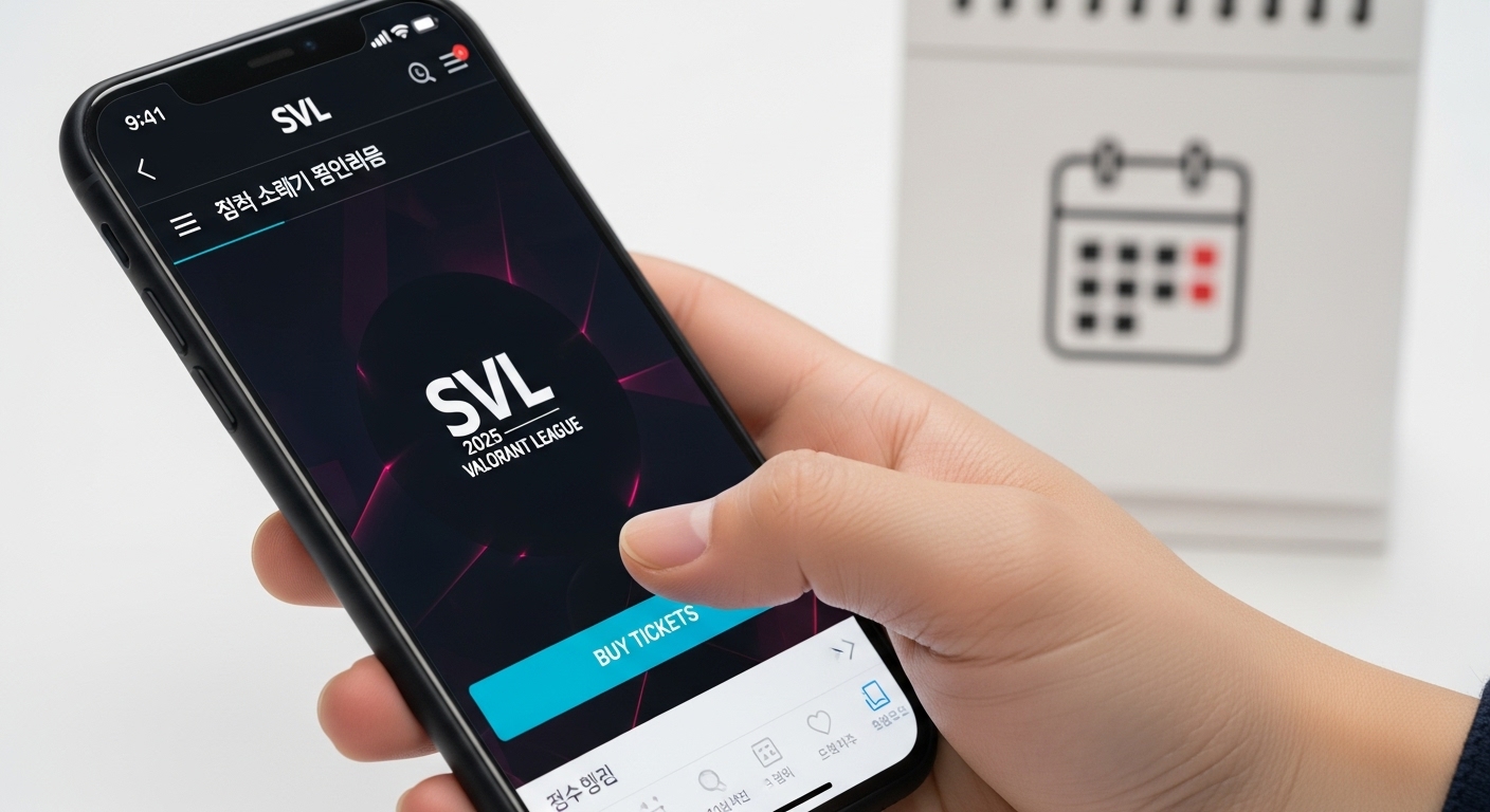 SVL 2025 티켓 예매 일정 및 주요 정보 - SVL 2025 발로란트 리그가 크게 표시된 인기 온라인 티켓팅 웹사이트를 보여주는 스마트폰 화면 근접 촬영. 한국인 손이 