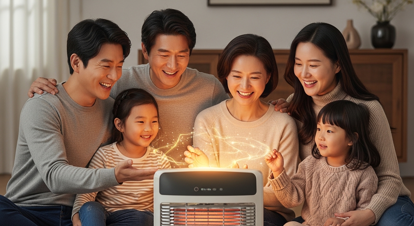 2025년 다자녀가구 에너지바우처, 무엇이 달라졌나? - 한국인 부모와 세 자녀로 구성된 다자녀 가구가 따뜻하고 아늑한 집에서 편안하게 웃고 있는 모습, 에너지 바우처 혜택 확대로 인해 가정에 온기가 가득한 분위기.