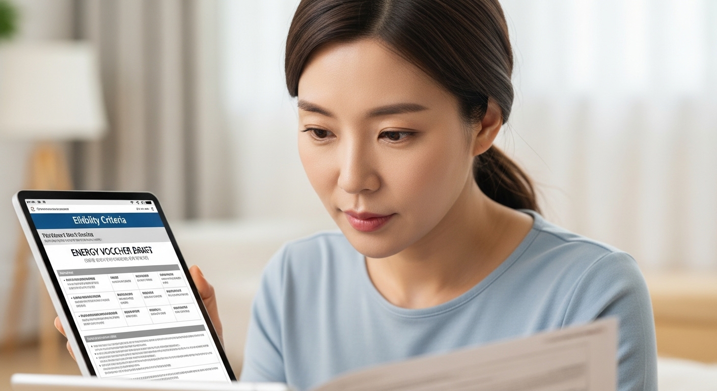 신청 자격 및 지원 내용 상세 분석 - 한국인 여성이 집에서 태블릿으로 에너지바우처 자격 기준과 혜택 정보를 집중해서 검토하는 모습.