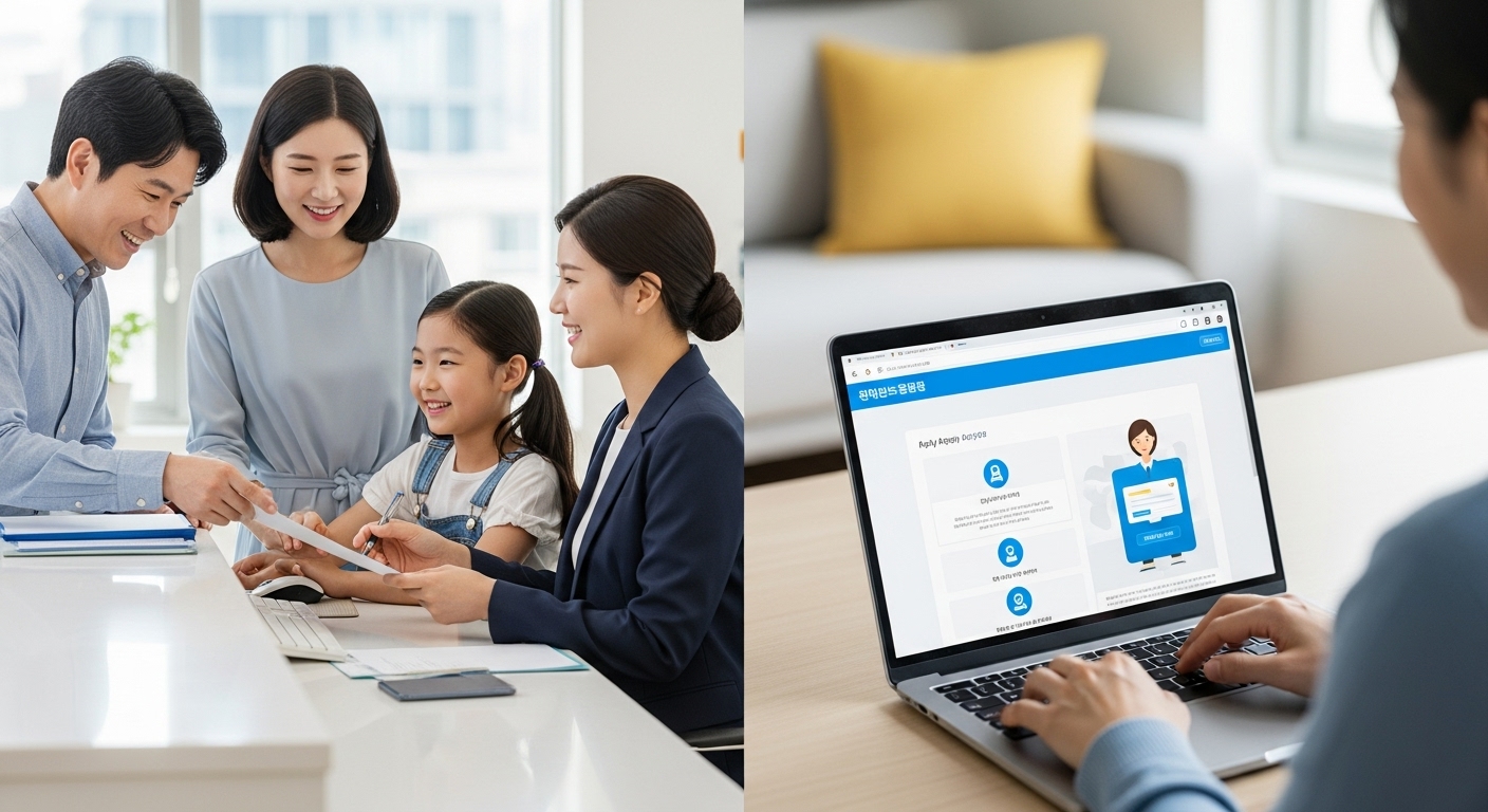 신청 방법 및 유의사항: 놓치지 말아야 할 팁 - 한국인 부모가 집에서 노트북을 이용해 정부24 웹사이트에서 에너지바우처를 온라인으로 신청하는 모습.