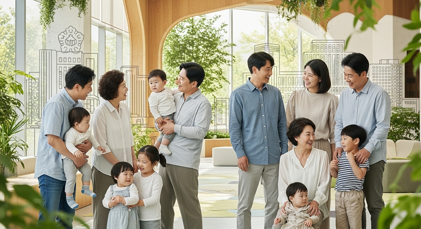 다자녀가구 에너지바우처 확대의 사회적 영향과 미래 전망 - 여러 한국인 가족, 특히 다자녀 가구들이 활기찬 커뮤니티 공간에서 서로 교류하며 행복해하는 모습.