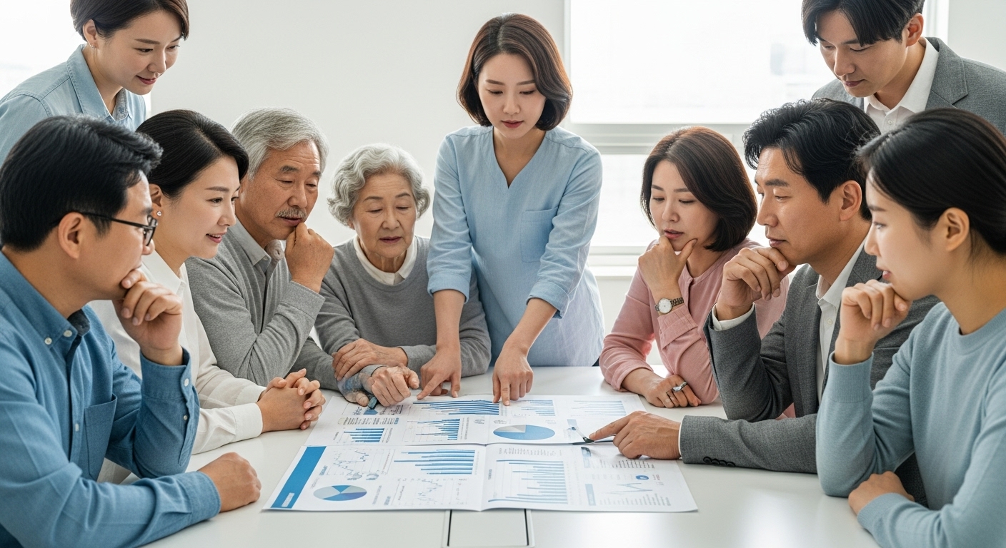 기준 중위소득 개편 논의의 배경 - 다양한 연령대의 한국인들이 복지 정책 관련 서류를 진지하게 검토하고 의견을 나누는 모습