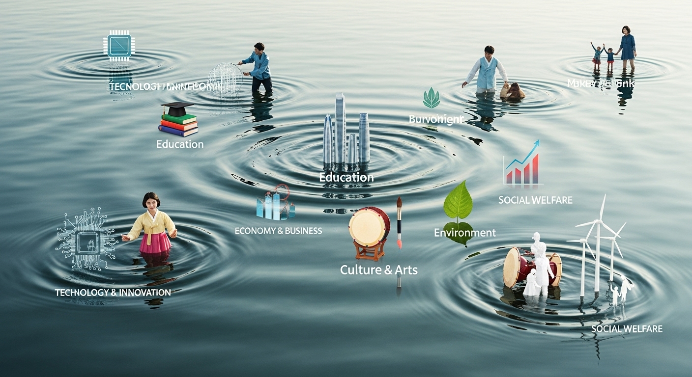 기준 중위소득 개편의 사회경제적 파급 효과 - 잔잔한 수면에 정책 변화로 인한 파장이 넓게 퍼져나가며 사회 전체에 영향을 미치는 추상적인 이미지