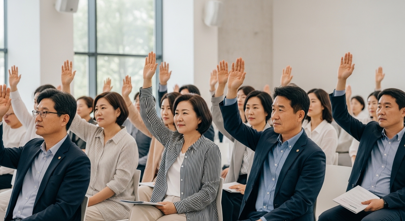 기준 중위소득 개편에 대한 시민 참여 - 여러 명의 한국인들이 공개 토론회에서 적극적으로 의견을 개진하며 정책 결정 과정에 참여하는 모습