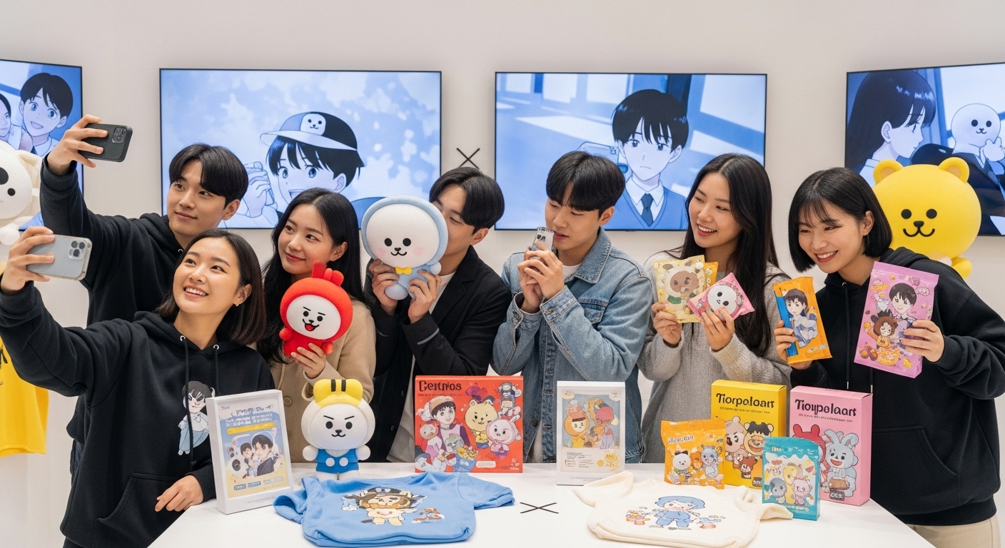 잘파세대의 마음을 사로잡은 캐릭터 콜라보, 그 배경은? - 활기찬 팝업 스토어에서 잘파세대 한국 청년들이 캐릭터 콜라보 상품을 즐겁게 구경하고 셀카를 찍는 모습
