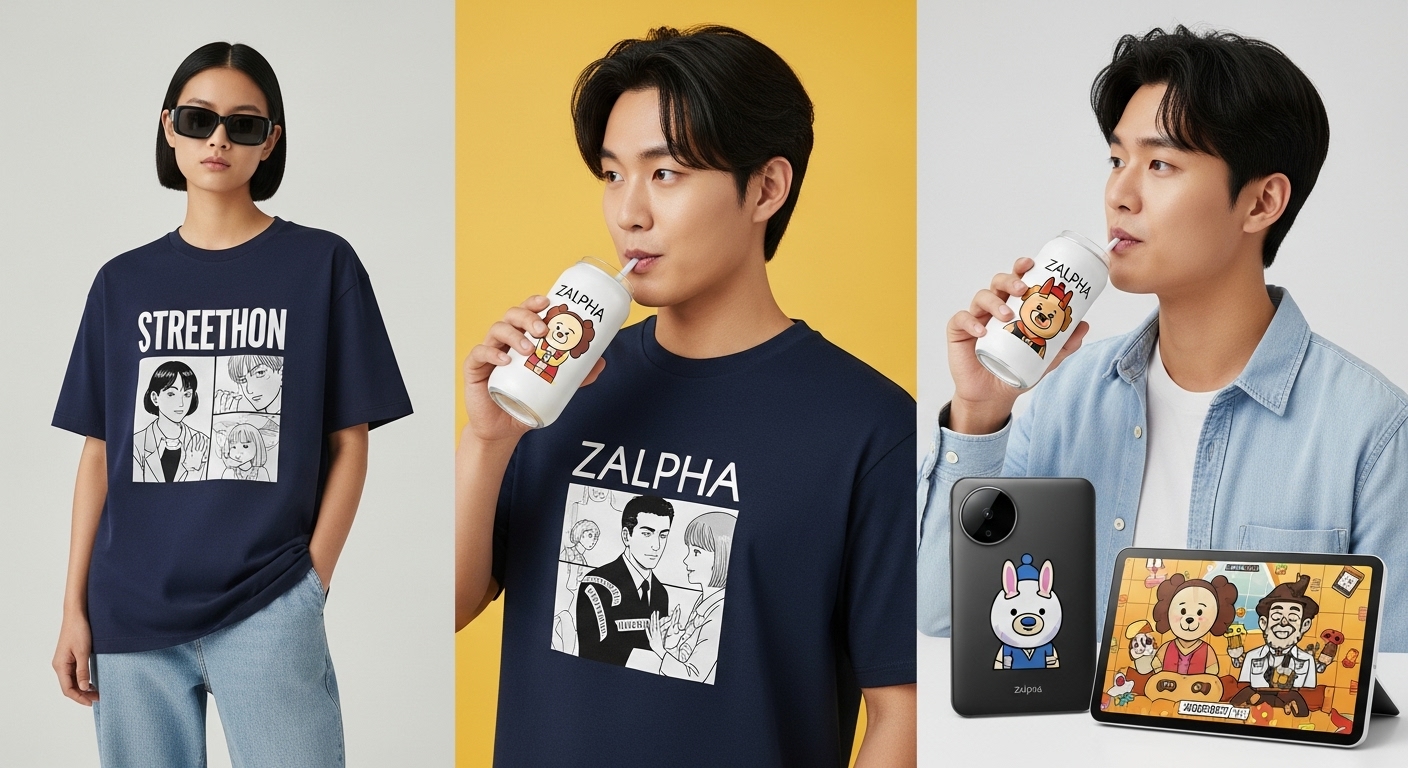 다양한 산업군의 캐릭터 콜라보 전략과 성공 사례 - 한국의 패션, 식음료, IT 산업에서 성공적인 캐릭터 콜라보 제품들을 사용하고 있는 잘파세대 한국인들의 모습