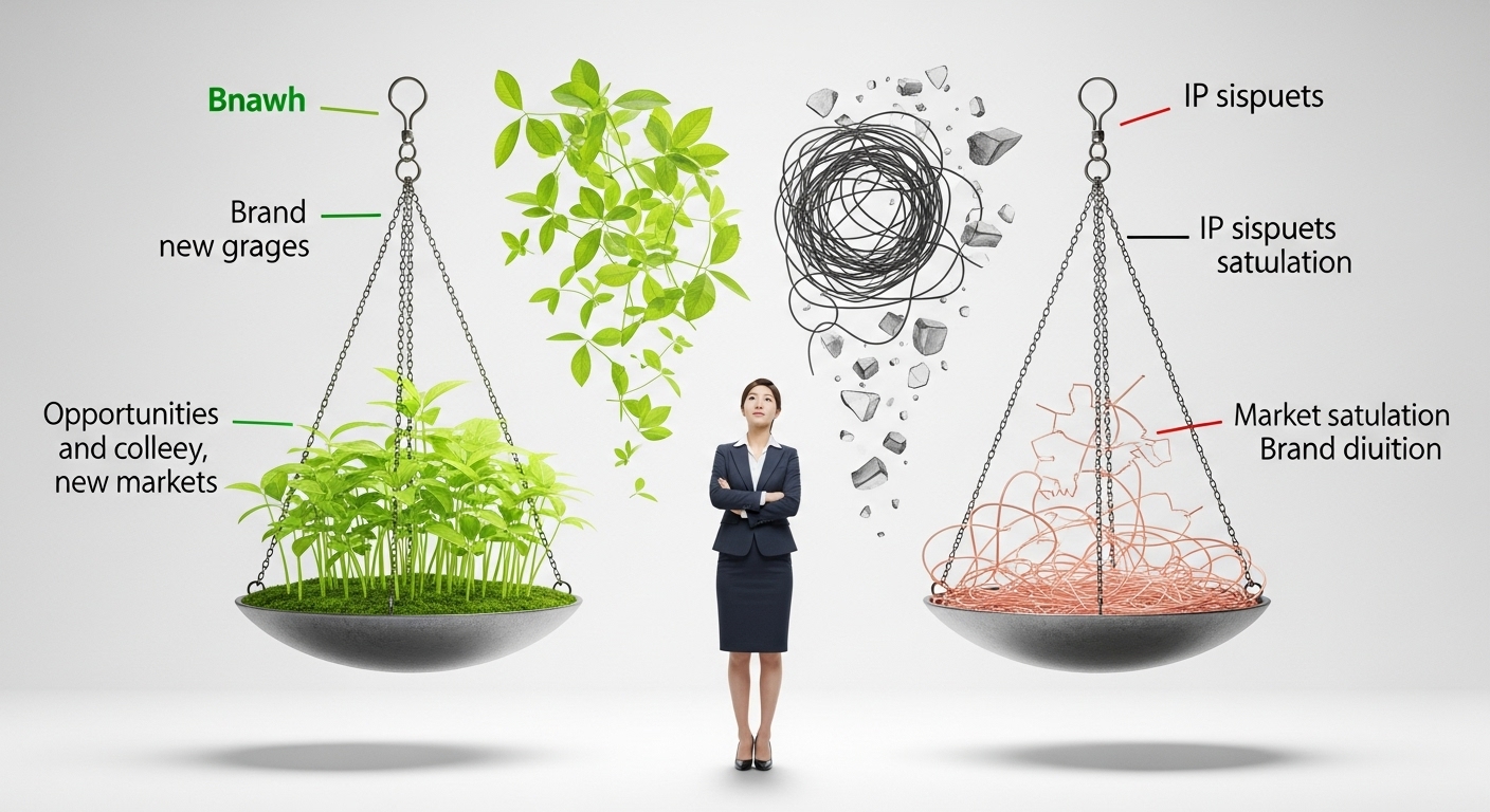 캐릭터 콜라보의 양면성: 기회와 도전 과제 - 브랜드 성장과 새로운 시장을 상징하는 밝은 식물과 IP 분쟁, 시장 포화를 상징하는 엉킨 밧줄 사이에서 한국인 사업가가 고민하는 모습