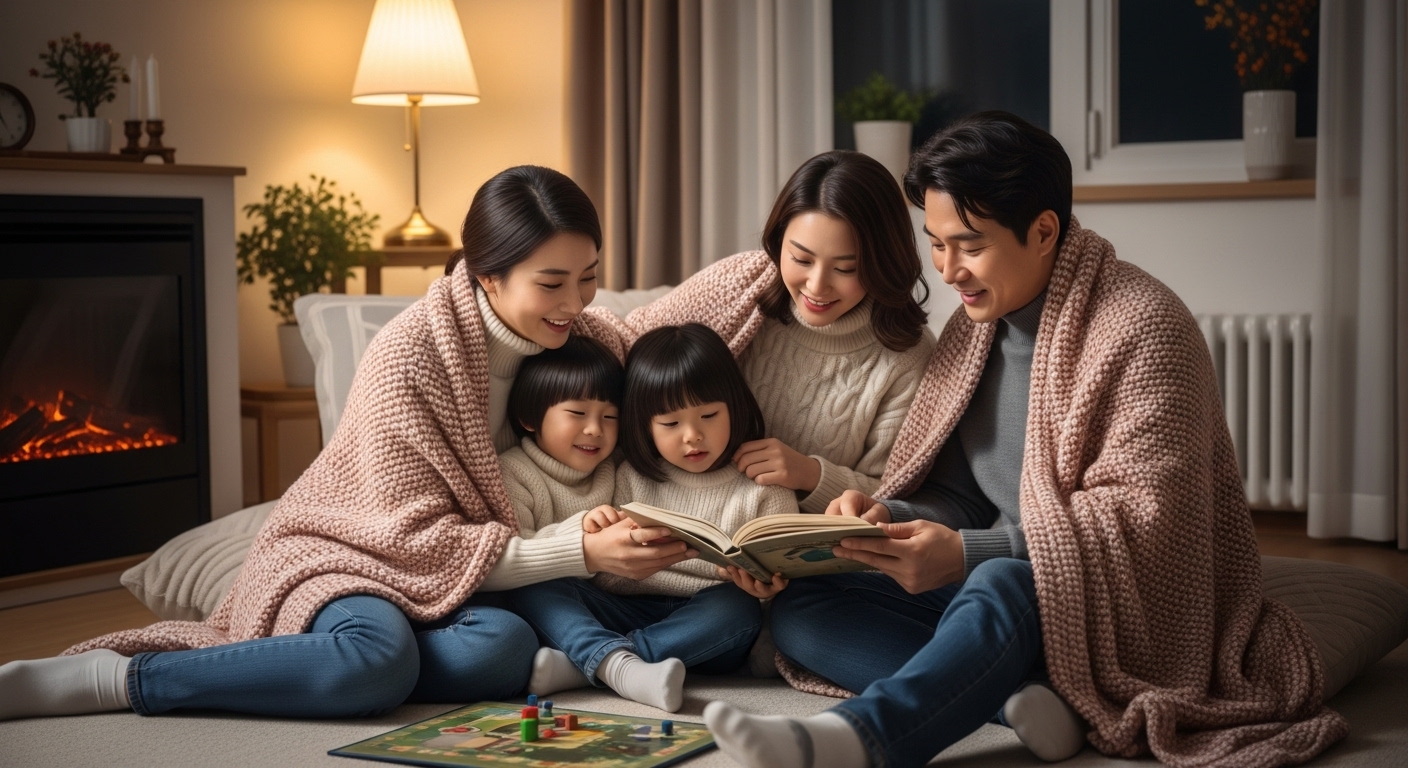 다자녀 기초수급 가구에 에너지바우처가 필수인 이유 - 겨울철 따뜻하고 포근한 거실에서 한국인 부모와 두 자녀가 함께 보드게임을 하는 모습.