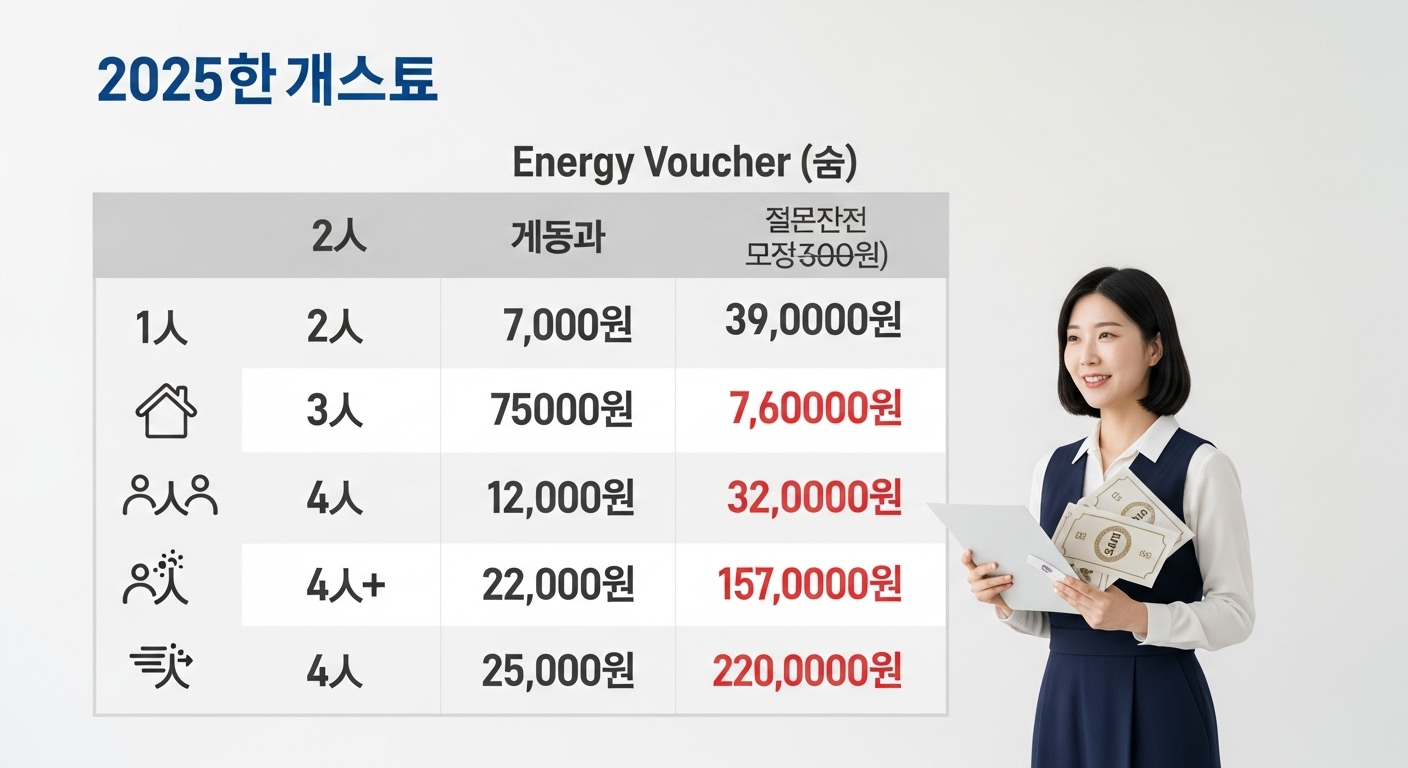 2025년 에너지바우처 지원 대상 및 금액 상세 - 1인, 2인, 3인, 4인 이상 가구별 에너지바우처 지원 금액이 시각적으로 명확하게 표시된 인포그래픽 차트.