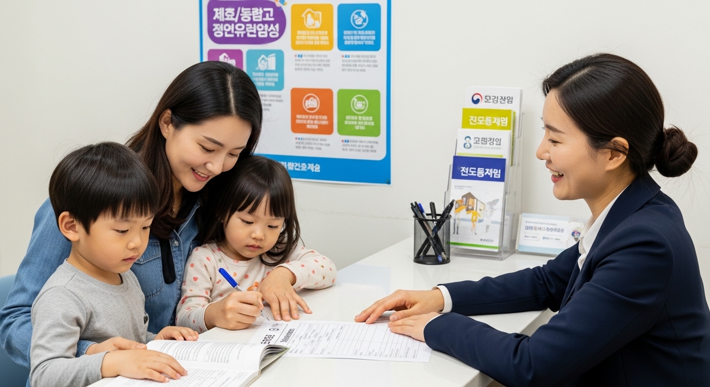 에너지바우처 신청 절차 및 사용 가이드 - 한국인 엄마와 두 자녀가 주민센터 복지 창구에서 에너지바우처 신청서를 작성하는 모습.