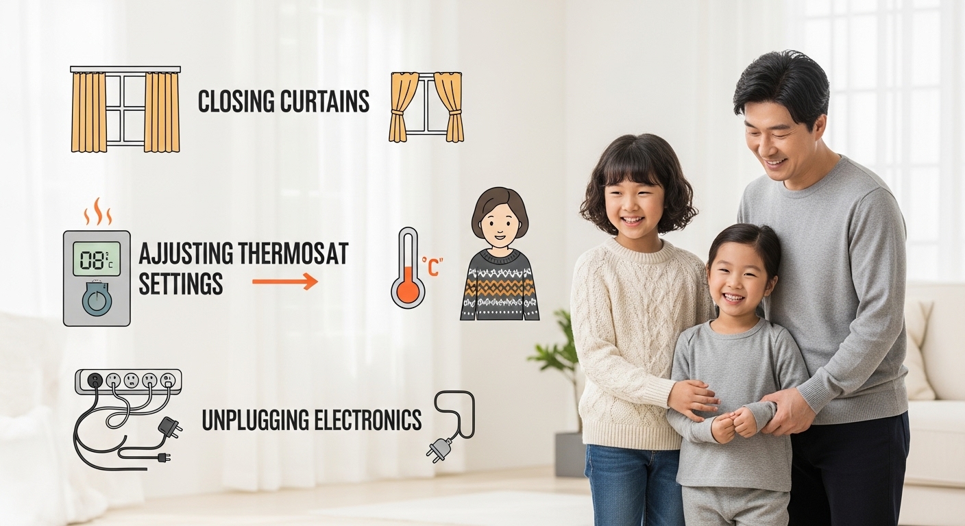 다자녀 가구를 위한 추가 복지 혜택 및 효율적 에너지 사용법 - 한국 가정에서 커튼 닫기, 보온 의류 착용, 적정 실내 온도 유지 등 다양한 에너지 절약 팁을 보여주는 가족 친화적인 인포그래픽.