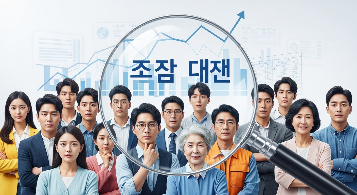 기준 중위소득 산정방식 개편, 왜 필요했나? - 다양한 연령대와 사회 배경을 가진 한국인들이 '기준 중위소득'이라는 단어를 부각시키는 돋보기 아래 함께 서 있으며, 복잡한 데이터 분석과 정책 결정을 상징하는 그래프와 문서를 배경으로 하고 있다.