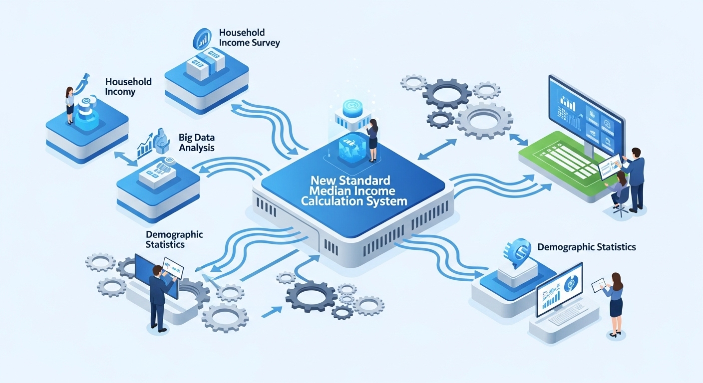 새로운 산정방식의 주요 내용과 변화 - '가계 소득 조사', '빅데이터 분석', '인구 통계' 등 다양한 데이터 소스가 '새로운 기준 중위소득 산정 시스템'이라는 중앙 처리 장치로 흘러들어가는 복잡한 인포그래픽. 톱니바퀴와 상호 연결된 노드가 개편된 방법론을 보여준다.