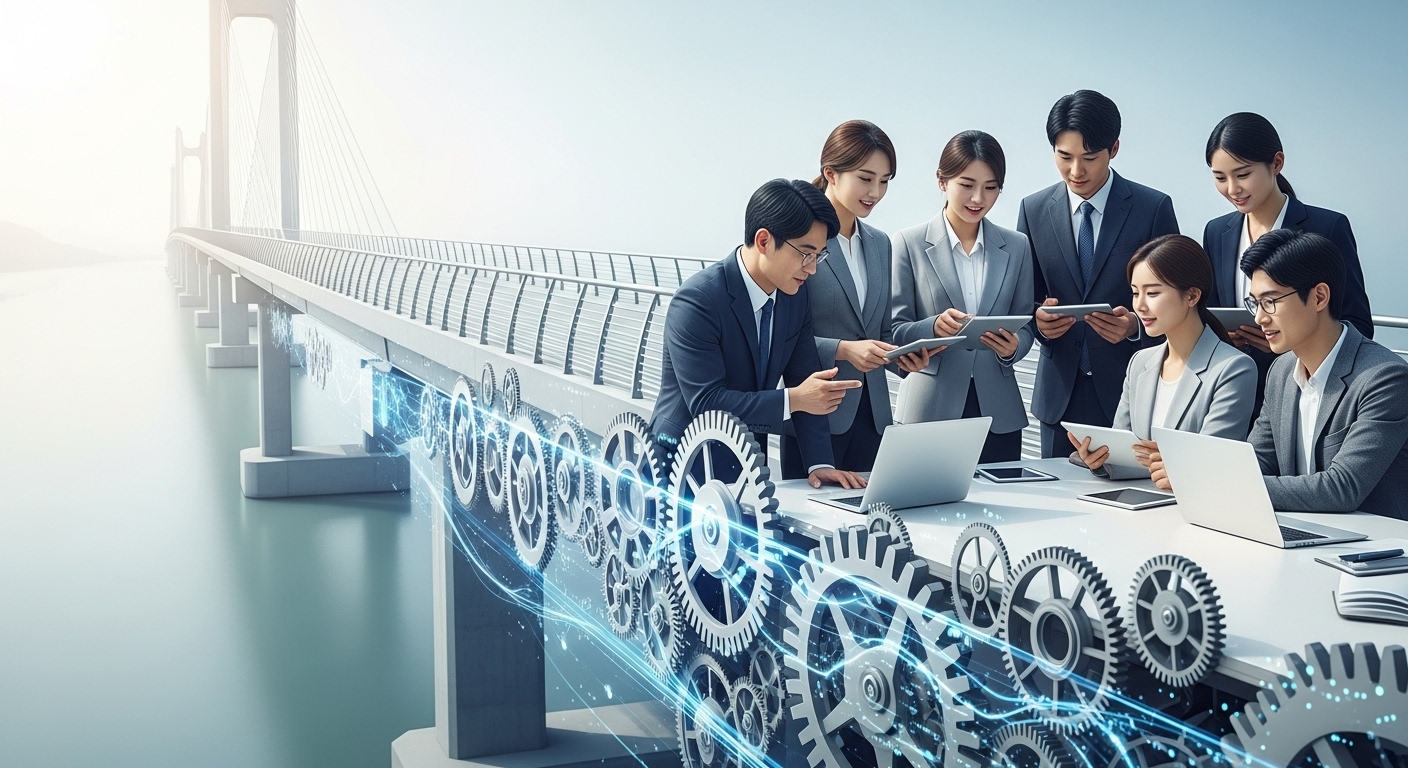 향후 과제와 지속 가능한 복지 시스템을 위한 제언 - 밝은 지평선을 향해 뻗어 있는 다리의 상징적인 이미지 아래로 여러 톱니바퀴와 데이터 흐름이 움직이며 지속적인 조정과 데이터 분석을 나타낸다. 다리 위에서 한국의 정책 입안자와 연구자들이 태블릿으로 데이터를 협력하여 검토하며 복지 정책의 지속적인 모니터링과 개선을 상징한다.