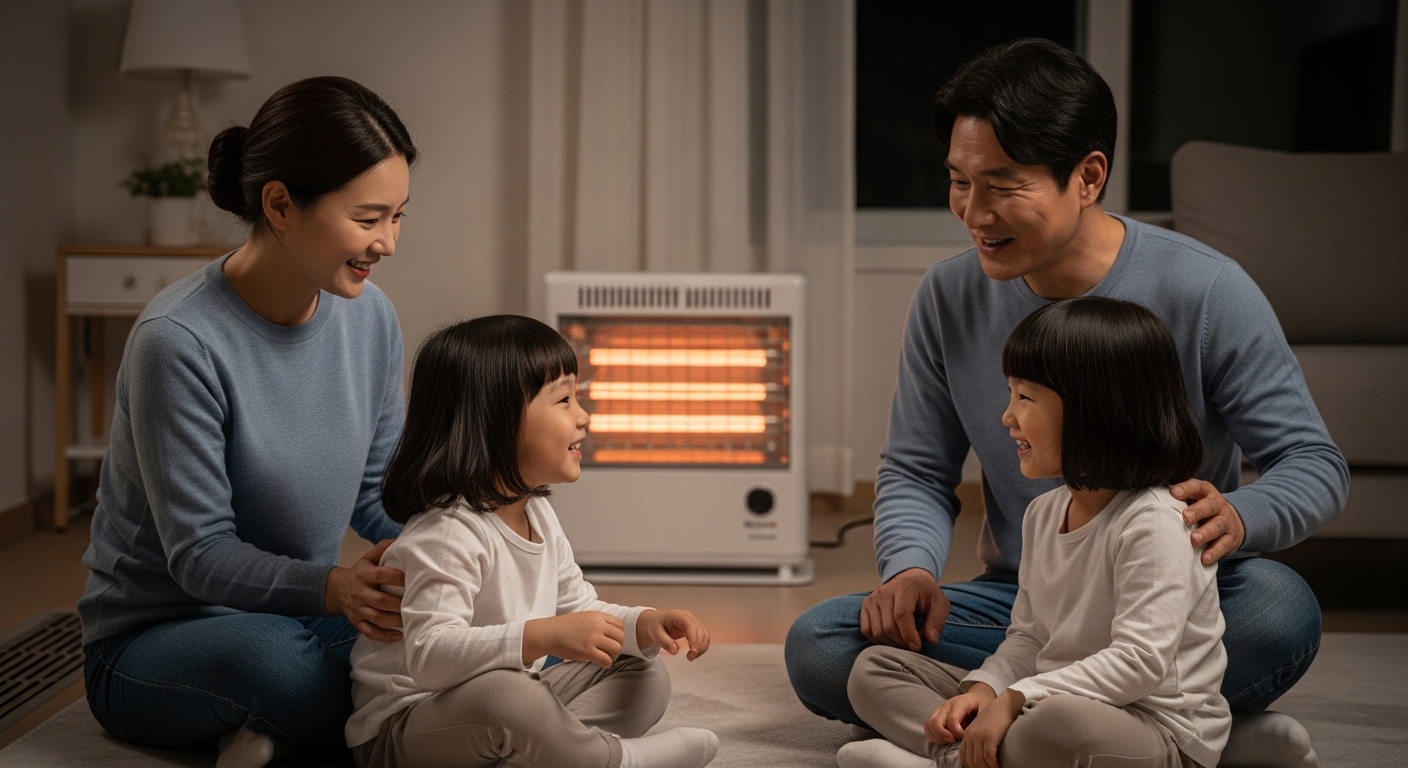 다자녀가구 에너지바우처, 왜 중요한가? - 따뜻한 거실에서 두 자녀와 함께 행복하게 시간을 보내는 한국인 부부의 모습, 에너지 복지의 중요성을 시사합니다.