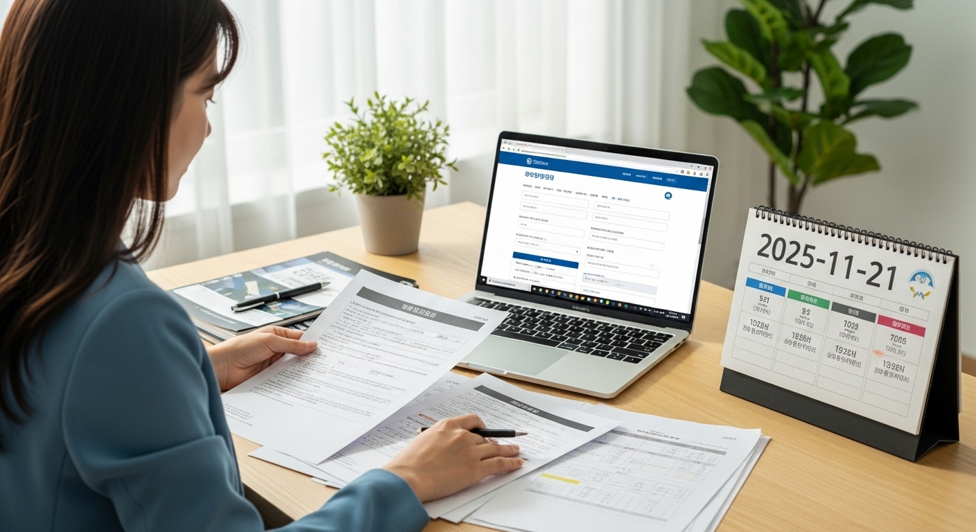 다자녀가구 에너지바우처, 2025년 신청 방법 및 지급 절차 - 한국인 여성이 책상에 앉아 서류를 검토하고 노트북으로 정부 지원금 온라인 신청을 하는 모습, 2025년 날짜가 표시된 달력이 보입니다.